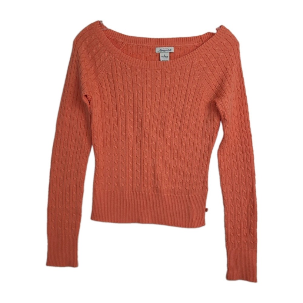 Aeropostale Slim Fit Sweater Women's M Pink Cable Knit Round Neck Long Sleeves